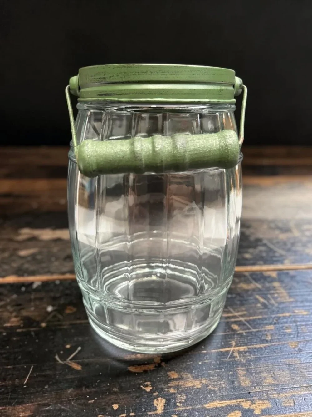 Vintage Glass Barrel Style  Jar With Green Metal Lid & Wood Handle - Rustic Farm